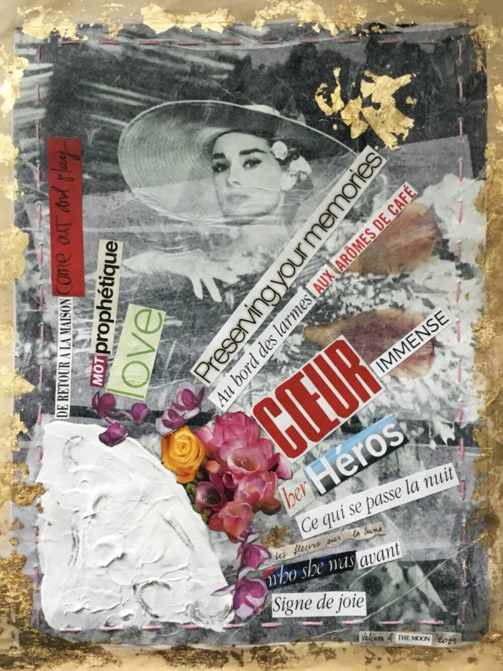 Collage on reproduction mounted on silk and butcher's papers 13 1/2 X 10 1/2inch